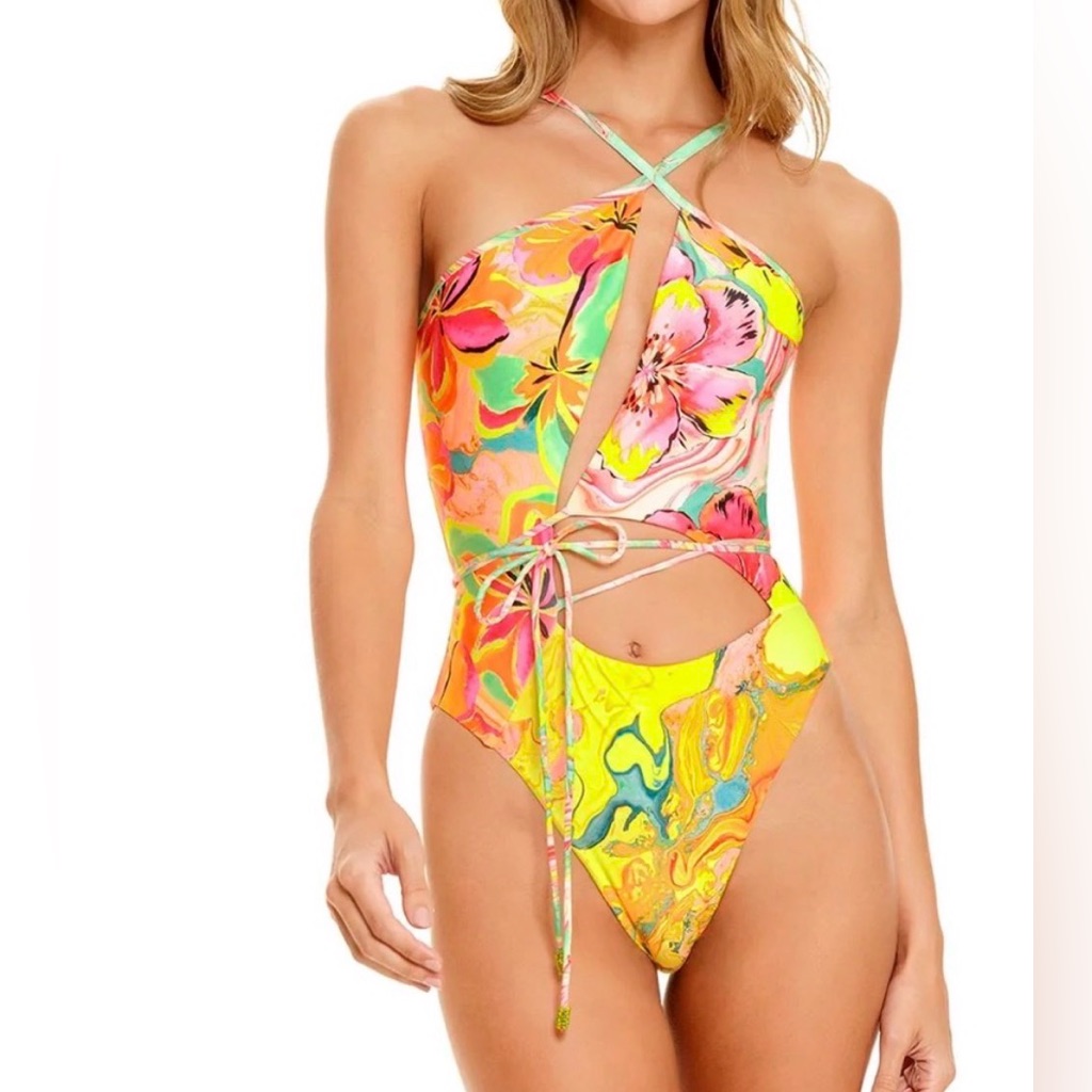 Agua Bendita Neon Floral Cutout One-Piece Swimsuit - Yellow/Pink/Green